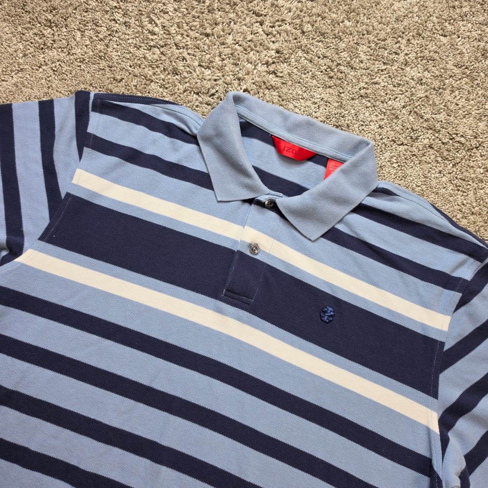 VINTAGE IZOD Striped Polo Shirt Mens XL Blue Short Sleeve Casual Cotton Golf